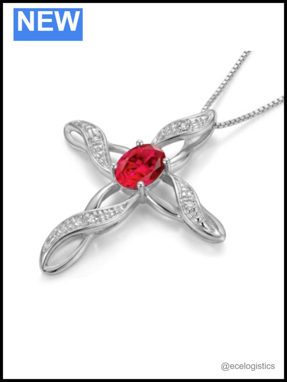 Sterling Silver 925 Cross Pendant Necklace with Ruby Diamond 18" Chain